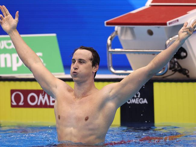 FUKUOKA, JAPAN - JULY 29: Cameron McEvoy of Team Australia celebrates winning gold in the in the Men's 50m Freestyle Final on day seven of the Fukuoka 2023 World Aquatics Championships at Marine Messe Fukuoka Hall A on July 29, 2023 in Fukuoka, Japan. (Photo by Sarah Stier/Getty Images)