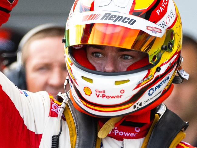 TOWNSVILLE, AUSTRALIA - AUGUST 30: Race winner Scott McLaughlin driver of the #17 Shell V-Power Racing Team Ford Mustang celebrates after race 3 of the Townsville SuperSprint round of the 2020 Supercars Championship on August 30, 2020 in Townsville, Australia. (Photo by Daniel Kalisz/Getty Images)