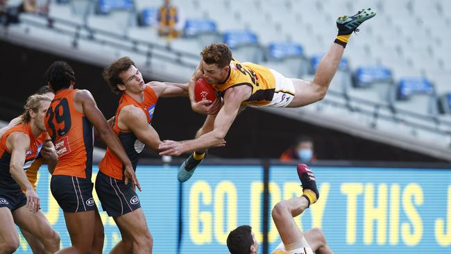 Tim O'Brien flew high to take a Mark of the Year contender. Picture: Daniel Pockett/Getty Images