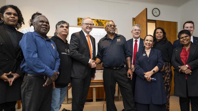 Anthony Albanese, Linda Burney and council members at the unveiling of the Barunga Voice Declaration at Parliament House in Canberra last month. Picture: NCA NewsWire / Martin Ollman