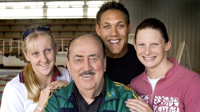 Coach Ken Wood with Olympic swimmers Jessicah Schipper, Geoff Heugill and Leisel Jones, set to head to Athens.