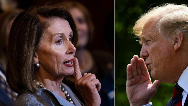 (COMBO) This combination of pictures created on May 22, 2019 shows US Speaker of the House Nancy Pelosi (D-CA)(L) talks about healthcare legislation on Capitol Hill March 26, 2019, in Washington, DC and US President Donald Trump announces a new immigration proposal, in the Rose Garden of the White House in Washington, DC, on May 16, 2019. - Donald Trump erupted in fury May 22, 2019, at unrelenting probes into his links to Russia, as the top Democrat in Congress accused the president of a "cover-up" that could be an impeachable offense. Nancy Pelosi is the most powerful woman in American politics, and President Donald Trump's most potent Democratic nemesis. The pair have sparred repeatedly, but the gloves really came off May 22. Pelosi, the speaker of the US House of Representatives, started the day with an emergency meeting of House Democrats, as the possibility of impeaching Trump swirled over Capitol Hill. (Photos by Brendan Smialowski / AFP)