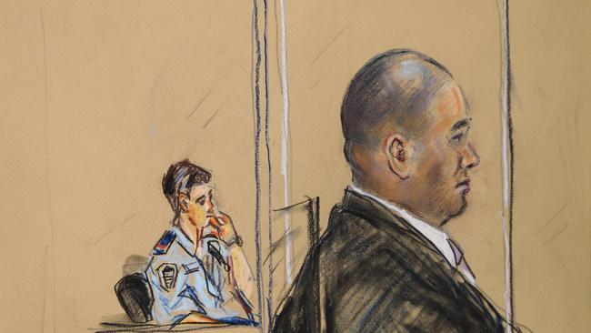 A sketch of murder accused Tuhirangi-Thomas Tahiata in Brisbane Supreme Court this week. Illustration: Michael Felix/AAP