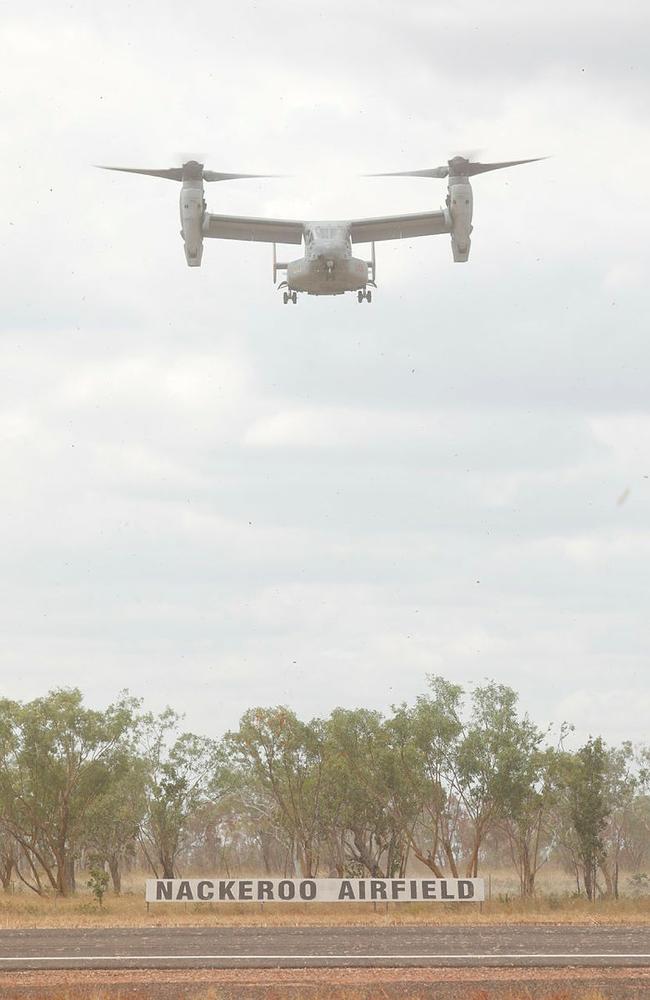 An MV-22 Osprey lands at Bradshaw.