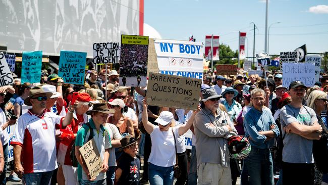 Hundreds of protesters gathered at Hindmarsh near the Entertainment Centre for the rally. Picture: Morgan Sette