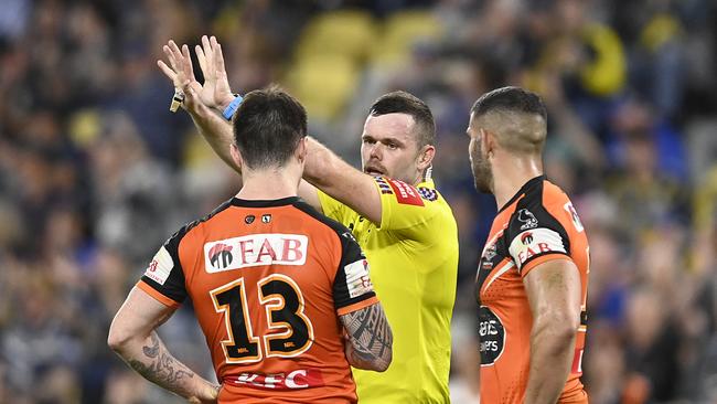 Alex Twal will miss the Sharks game due to suspension as the Wests Tigers try to bounce back from last week’s awful loss. Picture: Ian Hitchcock/Getty Images