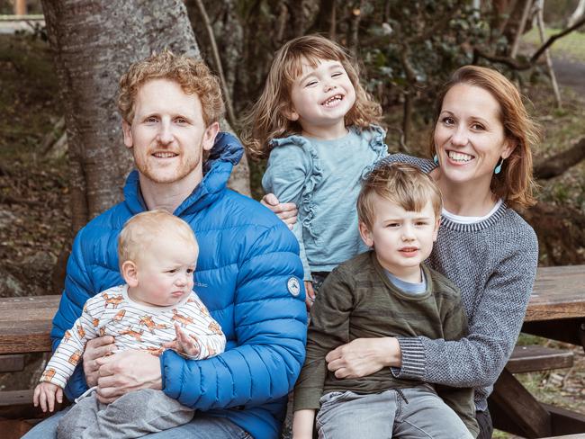 Eliza Kiers and Alex Coulter with their children Isabel, George and Alex (baby)