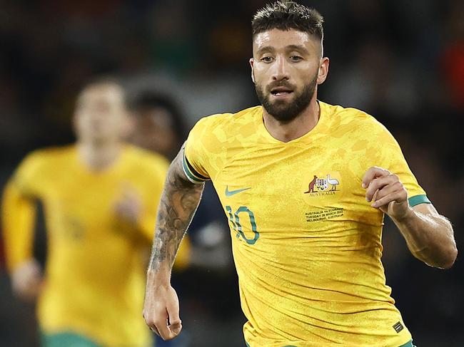 MELBOURNE, AUSTRALIA - MARCH 28: Brandon Borrello of the Socceroos runs with the ball during the International Friendly match between the Australia Socceroos and Ecuador at AAMI Park on March 28, 2023 in Melbourne, Australia. (Photo by Daniel Pockett/Getty Images)