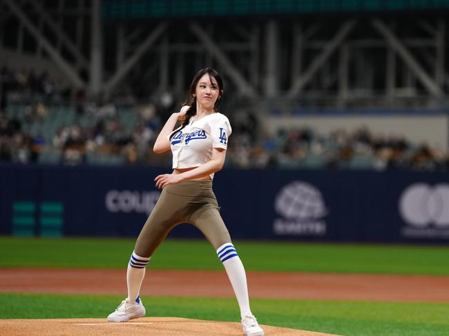 The actress is seen on the mound at Gocheok Sky Dome in Seoul, South Korea. Picture: Daniel Shirey/Getty Images