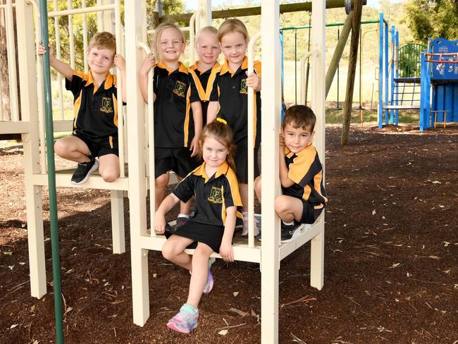 My First Year 2023: Pilton State School Prep students (standing, from left) Charles, Vegas, Elsie, Florence and (front) Rosie and Brodie, February 13, 2023. Picture: Bev Lacey