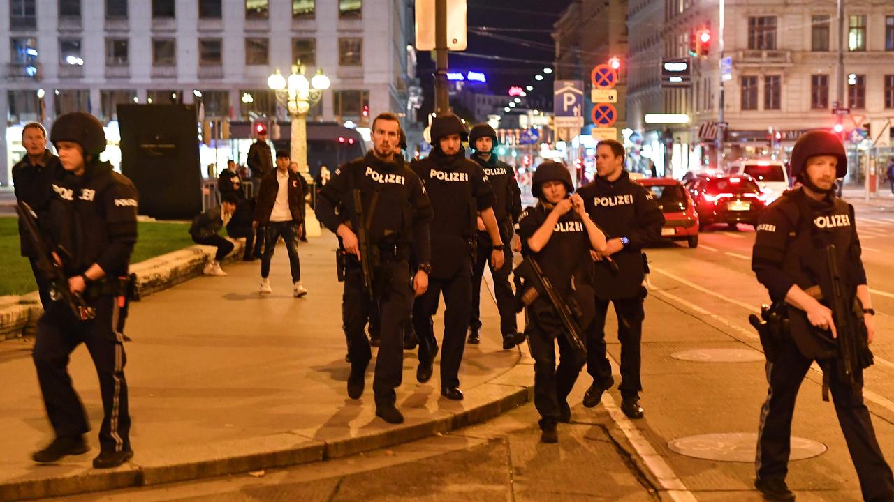 Armed police arrive at the first district near the state opera in central Vienna on November 2, 2020, following a shooting near a synagogue. Picture: JOE KLAMAR / AFP.