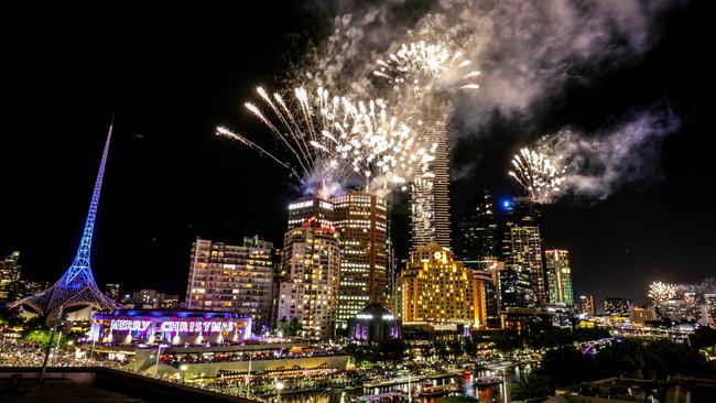 NYE Happy Fun Times. Fireworks from the Federation Square Rooftop, Melbourne 2018. Picture- Nicole Cleary