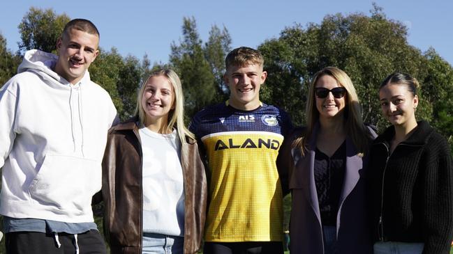 Matthew Arthur with his brother Jake, sister Charlotte, mother Michelle and girlfriend Georgia at the jersey presentation ahead of his Parramatta Eels debut. Picture: Eels