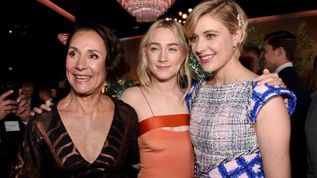 Laurie Metcalf, Saoirse Ronan and Greta Gerwig at Oscars nominees luncheon. Picture: Getty/Kevork Djansezian