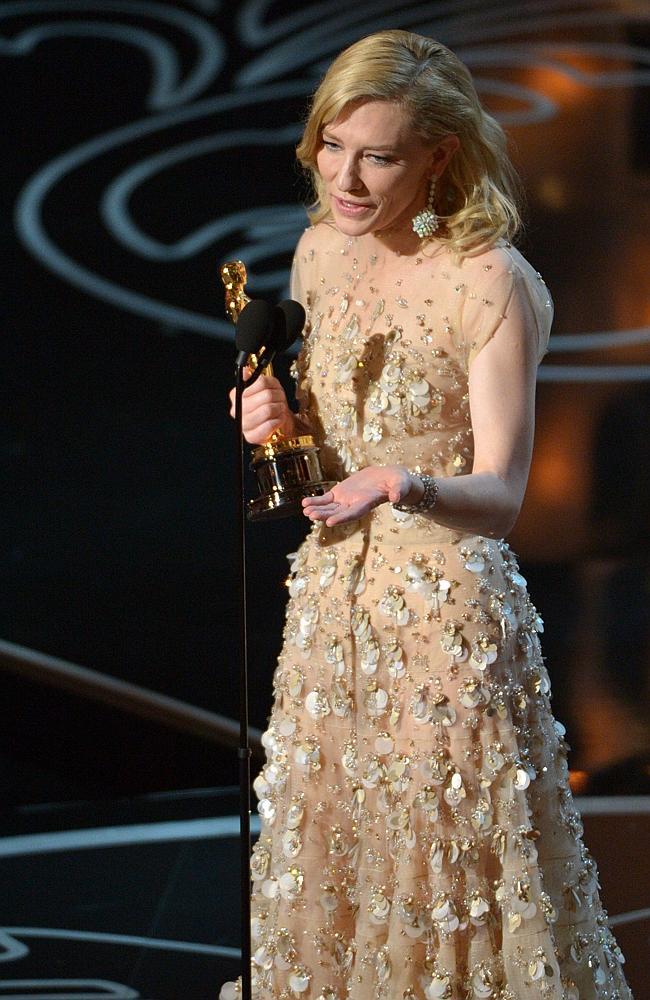 Second statuette ... Cate Blanchett accepts the Oscar for Best Actress for her role in Blue Jasmine. Picture: John Shearer/Invision