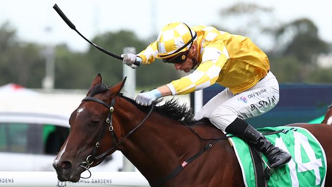 Blake Shinn riding Lady Of Camelot wins Race 8 during Golden Slipper Day on Saturday. Picture: Getty Images