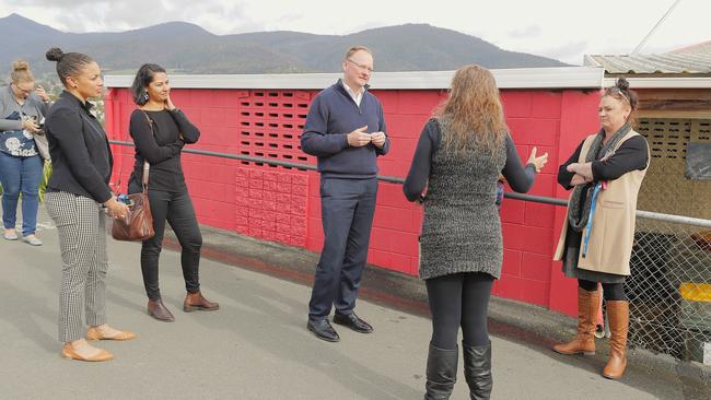 Housing Minister Roger Jaensch speaks with people who are living at the Hobart Showgrounds. Picture: RICHARD JUPE