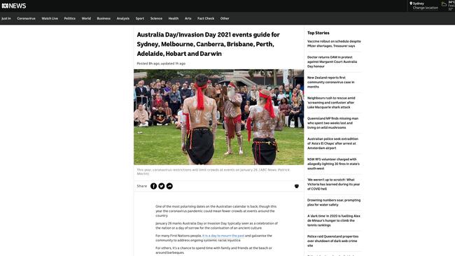 Screen grab of ABC website which calls January 26 Australia Day/Invasion Day.