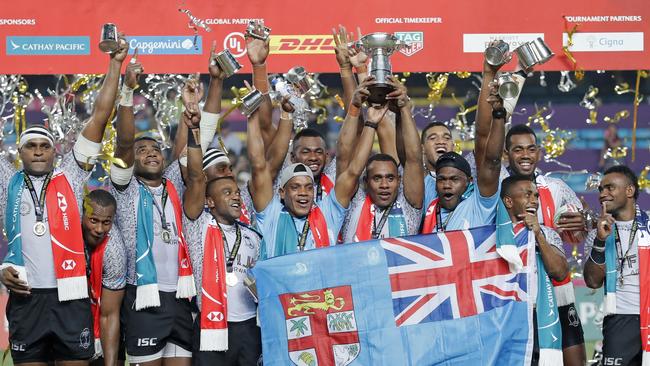 Fiji's sevens team celebrates winning the Hong Kong Sevens tournament. Picture: AP