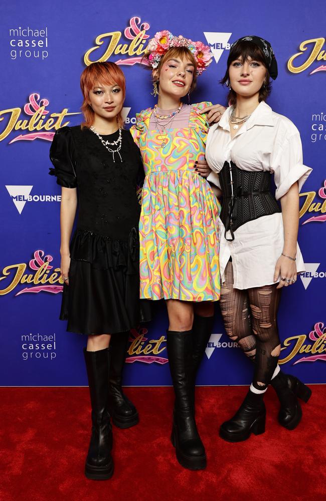 Gemma Chua-Tran, Chloe Hayden and Asher Yasbincek attend opening night of &amp; Juliet at the Regent Theatre in Melbourne. Picture: Getty Images