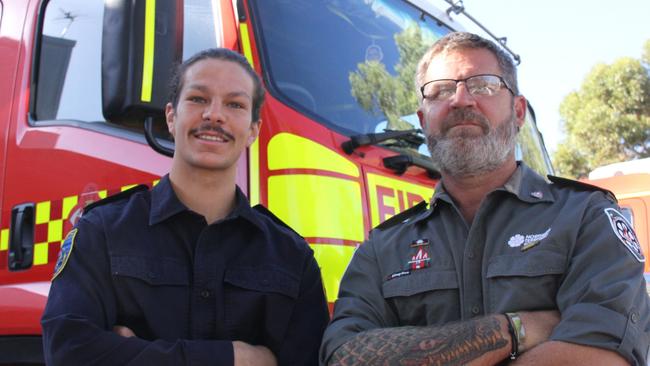 NT Fire and Rescue Service firefighter Tanner Coulthard and Bushfireâs NT fire management officer Simon Casey at the Alice Springs fire station. March 5 2025. Picture: Gera Kazakov