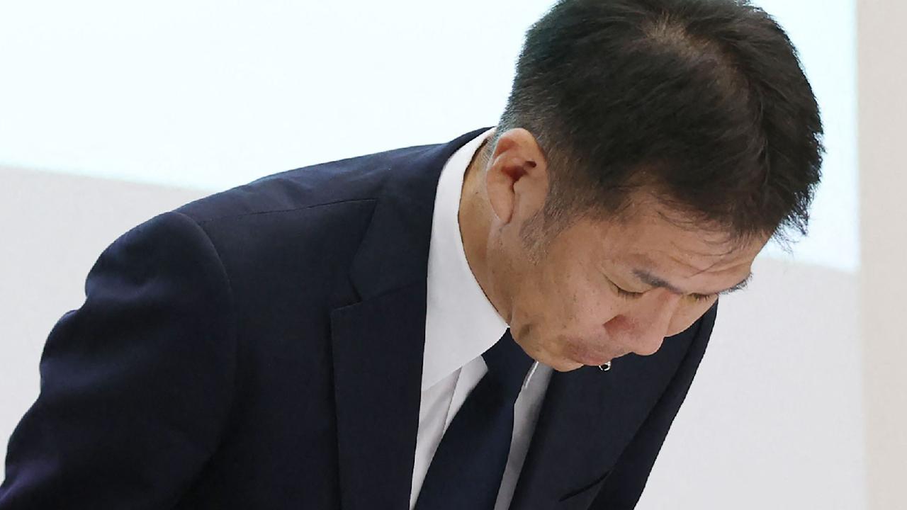 This photo taken on August 2, 2022 shows Satoshi Ogiso, president of Japanese truck-maker Hino Motors, bowing at the beginning of a press conference in Tokyo. Picture: Jiji Press/AFP