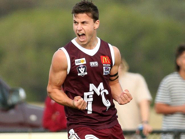 Ballarat FL footy: Melton v Sebastopol: Kyle Borg of Melton celebrates a goalSaturday, May 1, 2021, in Harkness, Victoria, Australia. Picture: Hamish Blair