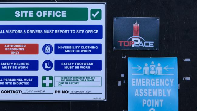 Across the road from Atmosphere, at the Skyview complex, Toplace signs remain up on a quiet building site. Picture: Justin Lloyd.