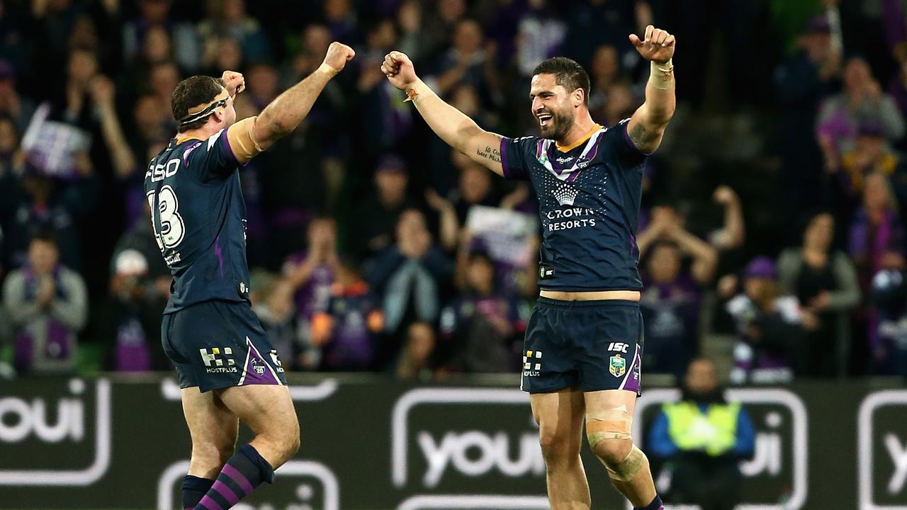 Dale Finucane (left) and Jesse Bromwich have been announced co-captains of the Storm for 2021. (Photo by Robert Prezioso/Getty Images)