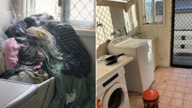 The laundry of the house before and after cleaners removed most of the items left behind.