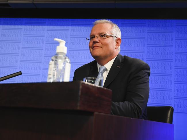 Hand sanitiser beside the prime minister before his address at the NPC. Picture: AAP