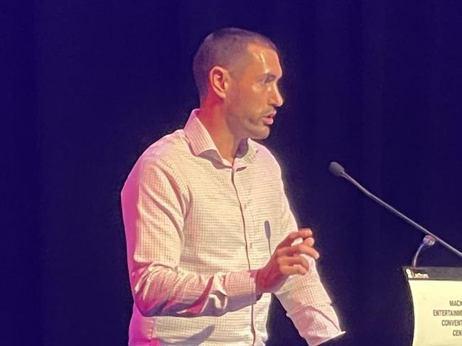 Adrian Young speaking at the Mackay Regional Council 2032 Olympics Planning Summit. Picture: Max O'Driscoll.