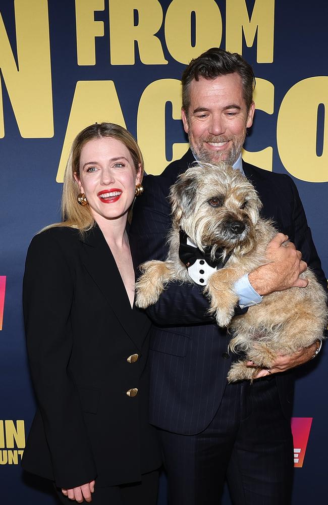 Patrick Brammall, Harriet Dyer and Colin the dog from the AACTA-nominated series, Colin From Accounts. Picture: Getty Images