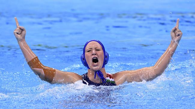 Hungary's Dora Antal celebrates after winning the waterpolo qauerterfinal match against Australia.