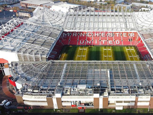 An aerial view shows Old Trafford stadium, home ground of to Manchester United. Picture: Oli Scarff / AFP