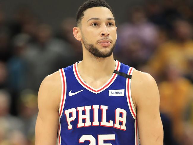 INDIANAPOLIS, INDIANA - JANUARY 13: Ben Simmons #25 of the Philadelphia 76ers watches the action against the Indiana Pacers at Bankers Life Fieldhouse on January 13, 2020 in Indianapolis, Indiana. NOTE TO USER: User expressly acknowledges and agrees that, by downloading and or using this photograph, User is consenting to the terms and conditions of the Getty Images License Agreement.   Andy Lyons/Getty Images/AFP == FOR NEWSPAPERS, INTERNET, TELCOS & TELEVISION USE ONLY ==