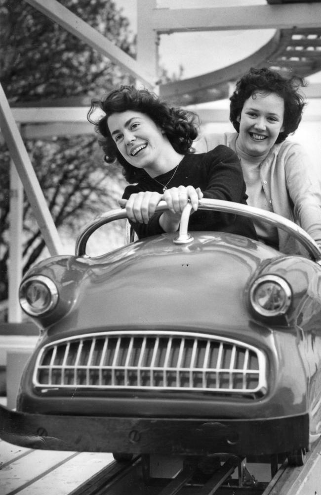 1963 — Gail Bateup and Mrs Murray Reed, ride on the new Mad Mouse ride.