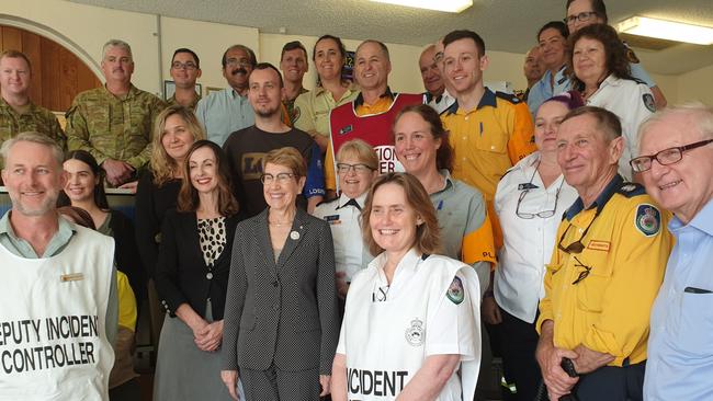 NSW Governor Margaret Beazley, third from left, is flanked by the team at Hawkesbury Fire Control Centre. Hawkesbury state MP Robyn Preston is to her immediate left. Picture: Isabell Petrinic