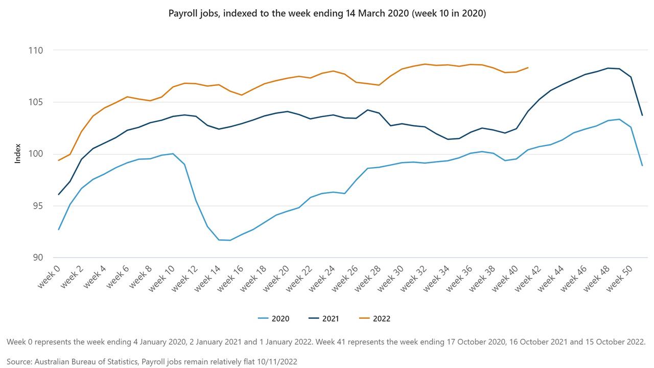 Payroll jobs fell by 0.7 per cent in the second half of September and rose by 0.4 per cent in the first half of October. Picture: ABS