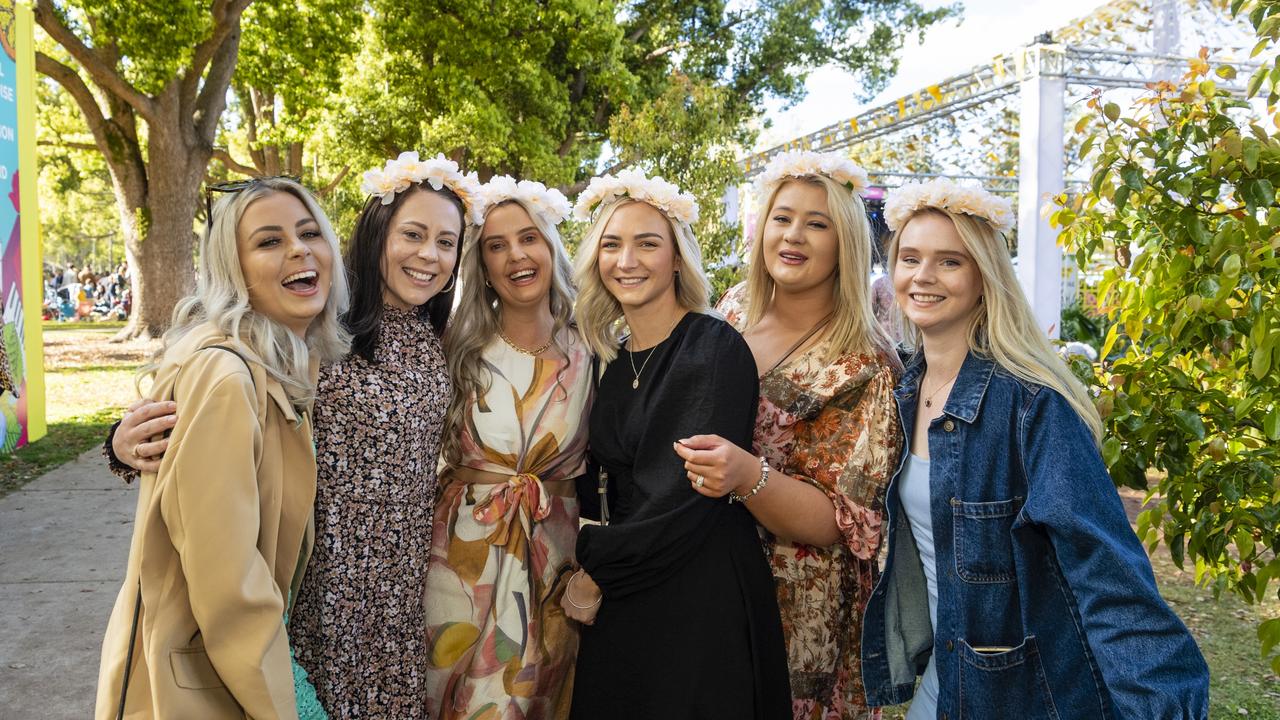 At the Festival of Food and Wine are (from left) Chloe Russell, Felicity Dearling, Tina Johnson, Abbie Batzloff, Lauren Arndt and Corinne Henningsen, Carnival of Flowers 2022, Saturday, September 10, 2022. Picture: Kevin Farmer