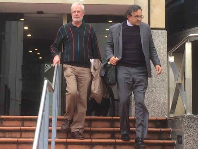 John Graham Preston (left) and his barrister Christopher Brohier (right) leaving the Hobart Magistrates Court in July. Picture: DUNCAN ABEY