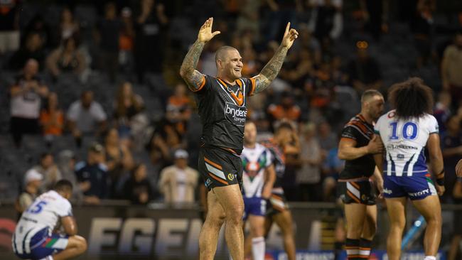 Russell Packer of the Tigers reacts at full time after his side defeated the Warriors. Picture: AAP Image