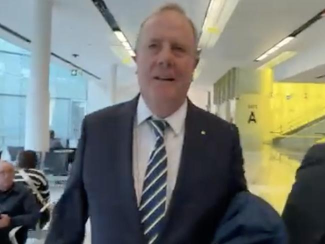 Peter Costello pushed The Australian reporter Liam Mendes to the ground at Canberra Airport with an ‘extraordinary’ shove. Picture: The Australian