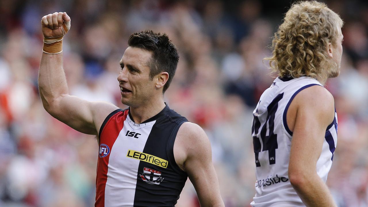 Stephen Milne celebrates a goal against a depleted Fremantle in 2013.