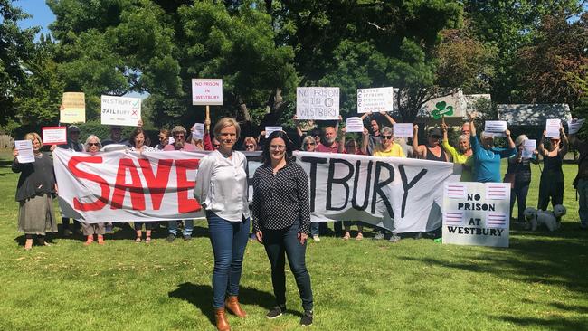 Labor MPs Jen Butler, left, and Ella Haddad with Westbury Prison protesters. Picture: SUPPLIED