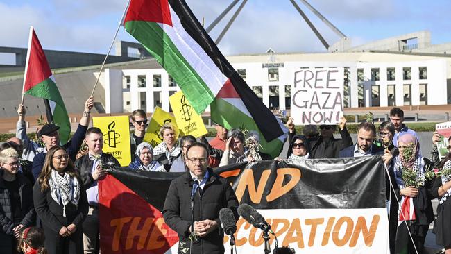 Greens leader Adam Bandt and Senator Mehreen Faruqi attend a pro-Palestine rally in Canberra last October. Picture: NewsWire / Martin Ollman