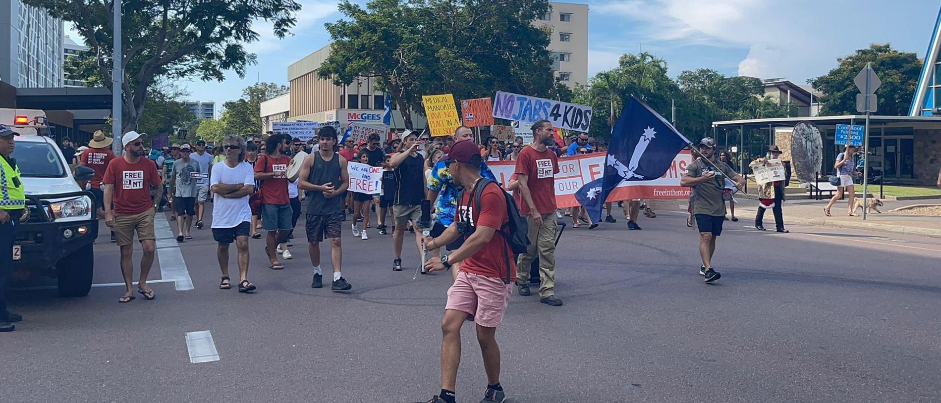 Protesters at the freedom rally in Darwin CBD on October 30, 2021. Picture: Amanda Parkinson