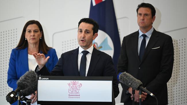 Queensland Premier David Crisafulli, Attorney-General Deb Frecklington and Police Minister Dan Purdie at a news conference. Picture: Lyndon Mechielsen