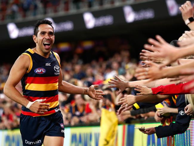 Eddie Betts thanks fans during the Crows’ win over Geelong at Adelaide Oval. Picture: Adam Trafford/AFL Media/Getty