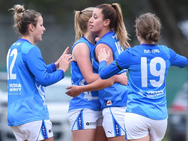 VFL (women's) football: Diamond Creek v VU Western Spurs at Plenty War Memorial Park, Plenty. Western Spurs in light blue jumpers.  No 18 for Western Alyssa Mifsud goals. Picture: Lawrence Pinder